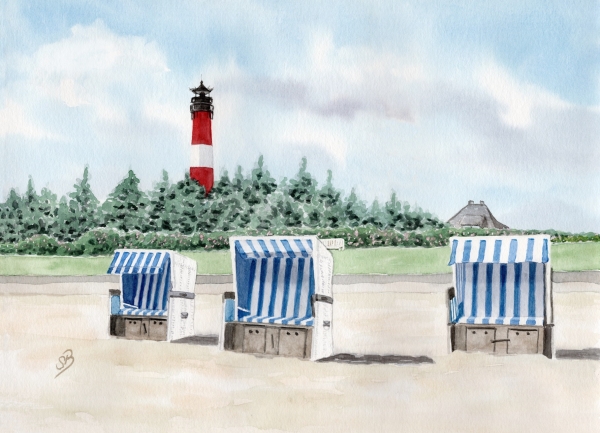 Postkarte DIN-A6  Aquarell Kunst Maritim Druck Kunstdruck Leuchtturm Hörnum  Sylt Nordsee Meer Strand Dünen